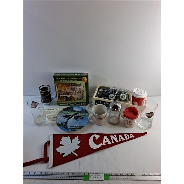 300 pcs Puzzle, Tim Hortons Cups, Dominion China Plate, Roughriders Fuzzy Dice and Canada Pennant