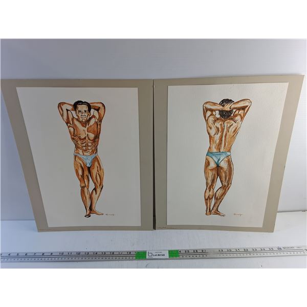 (2) Drawings by R. Anderson - Pastel on Paper ( Bodybuilder Drawings) 20" x 15"
