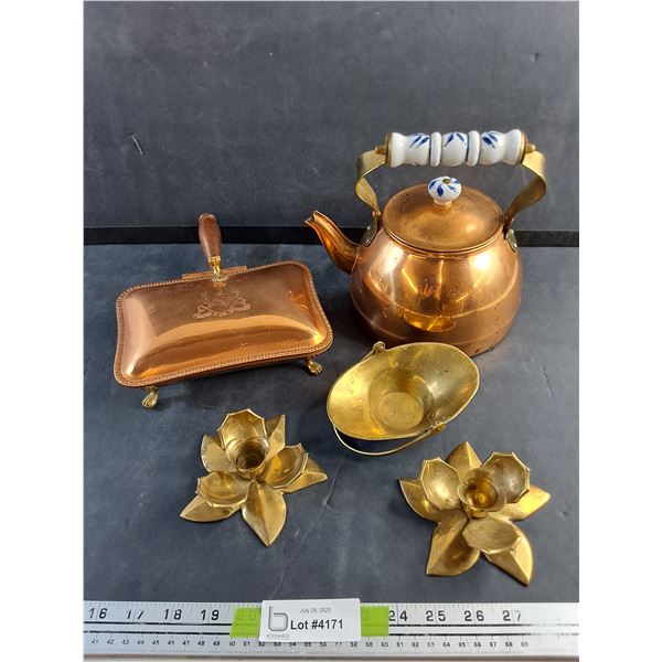 Copper Silent Butler & Tea Pot and Brass Candle Holders