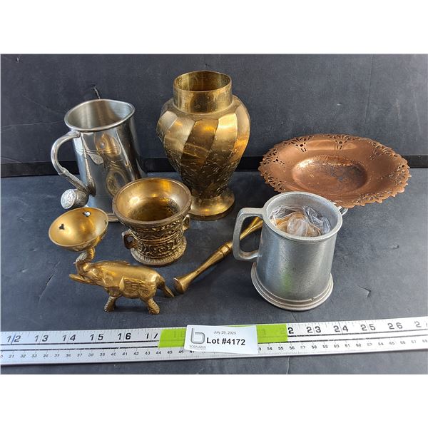 Beerstein, Brass Vase, Candle Holders and Copper Footed Dish