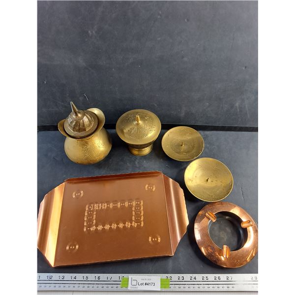 Brass Pitcher, Lidded Candy Dish, Candle Holders, Copper Serving Tray and Ash Tray