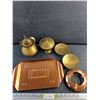Image 1 : Brass Pitcher, Lidded Candy Dish, Candle Holders, Copper Serving Tray and Ash Tray