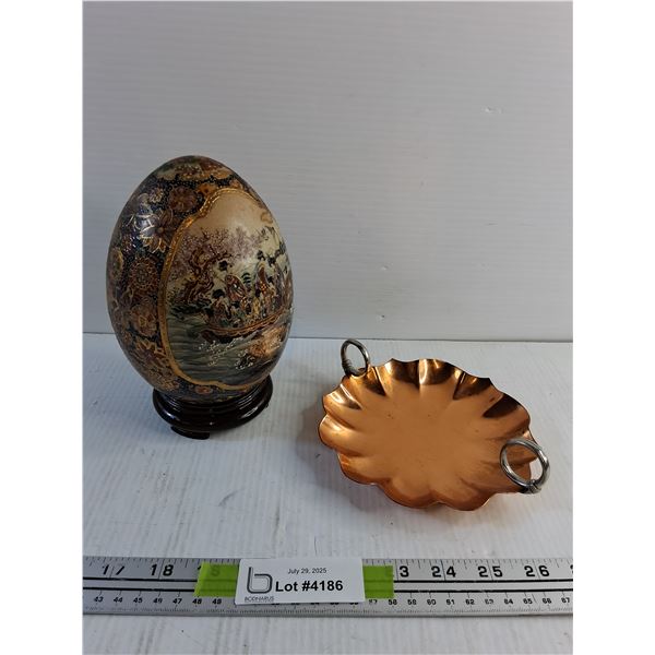 Decorative Porcelain Egg and Copper Dish