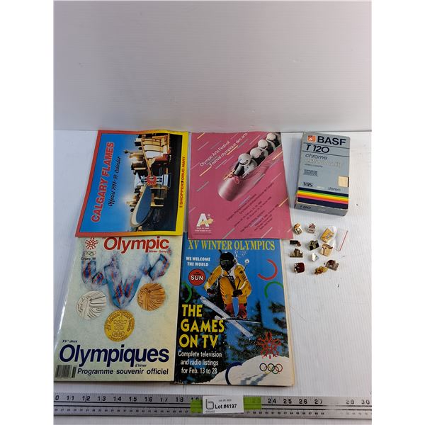 Calgary 1988 Olympic Shirt Pins, VHS Calgary Olympic Opening Ceremony and Olympic Magazines