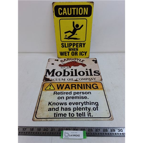 (3) Vintage Look 8x11" Metal Signs (Retired Person, Slippery, Mobil Oil)