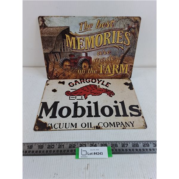(2) Vintage Look 8x11" Metal Signs (Farm Memories, Mobil Oil)