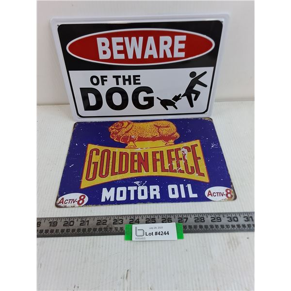 (2) 8x11" Metal Signs (Beware of Dog, Golden Fleece)