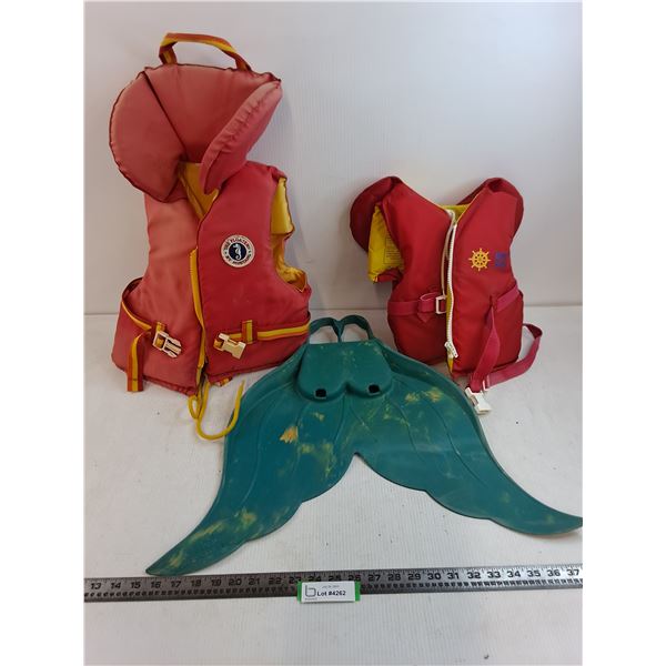 (2) Youth Size Life Jackets, Mermaid Flipper