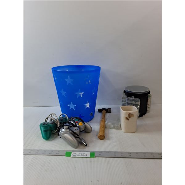 Garbage Can, Nintendo GameCube Controller, Song Game Controller, Hammer, Variety Of Nuts, Screws And