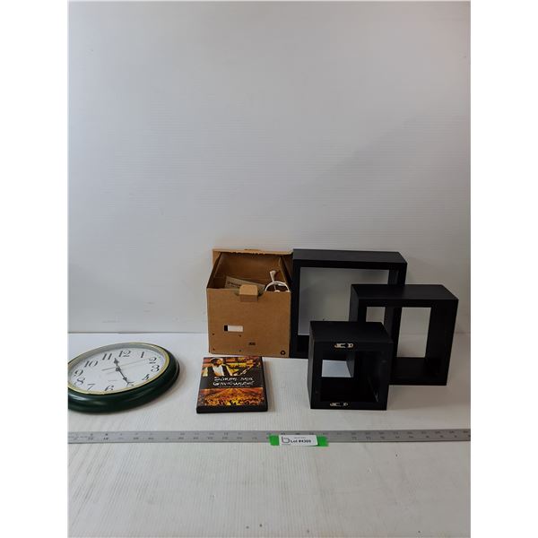Clock, Simon And Garfunkel DVD, Roger Cable & (3) Black Wall Shelves