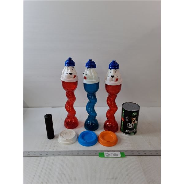(3) Slush Puppie Cups, Canned Dog Food, Flashlight, (3) Lids