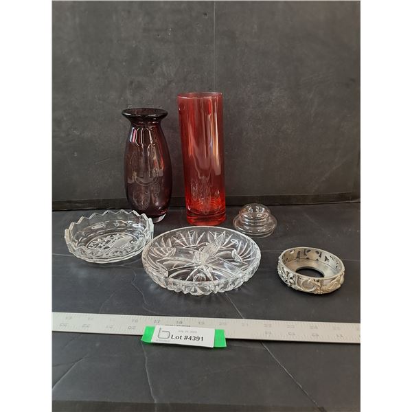 (2) Vases, (2) Glass Dishes & Metal Holder