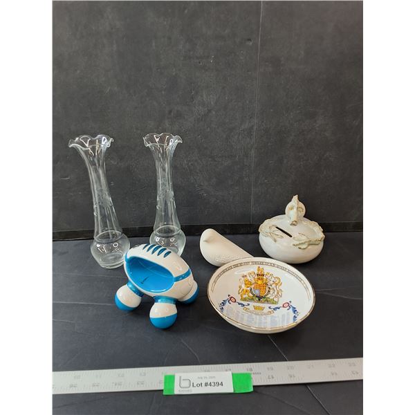 (2) Glass Vases, Seahorse Shaped Piggy Bank, Kings & Queens Dish & Homedics Massage Gun
