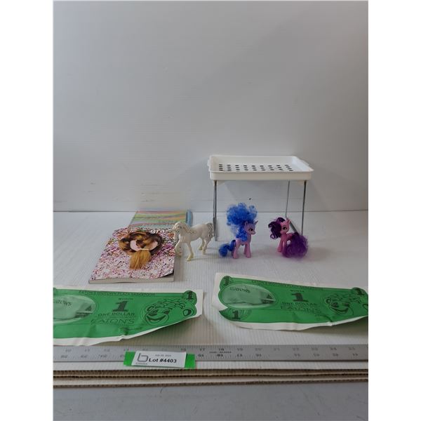 (3) Pony Toys, Birthday Cards, All Is Well Book, Folding Table & Eatons 1 Dollar Off (Coupon Not Val