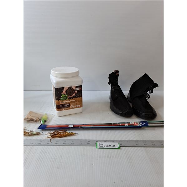 Compost Activator, Knitting Needles, Miner Rubbers Shoes & Fish Hooks