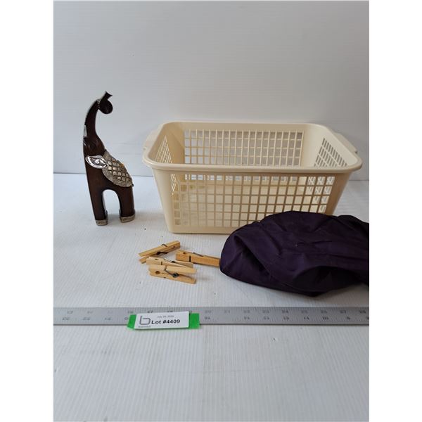 Plastic Bin, Bag Of Clothes Pins & Wooden Elephant Decor