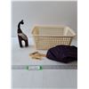 Image 1 : Plastic Bin, Bag Of Clothes Pins & Wooden Elephant Decor