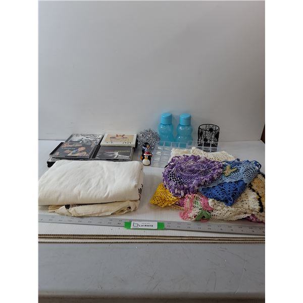 (15) Variety Of CDs, (2) Water Bottles, (2) Plastic Nail Polish Holder, Penguin Toys, Crochet Cloths