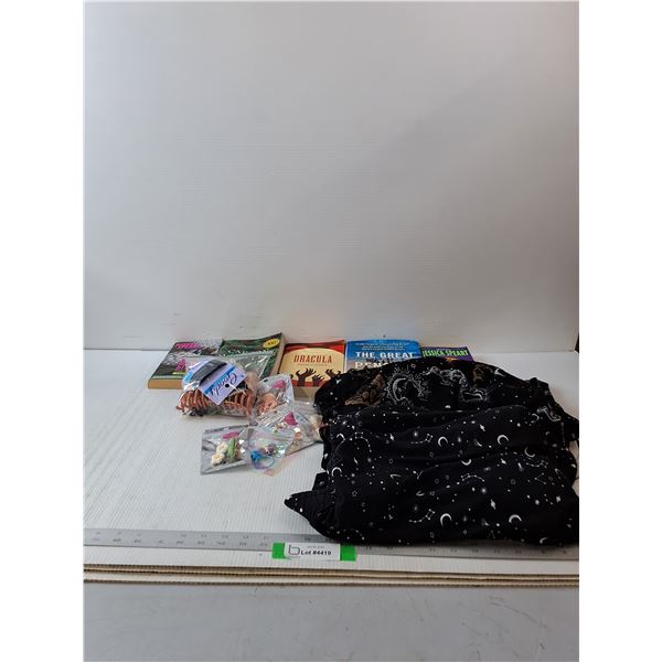 (5) Variety Of Books, Variety Of Hair Accessories, Black Pants(4X) & Dress(2X)