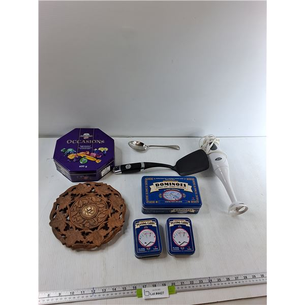 (2) Cardinal Playing Cards, Cardinal Dominoes, Oster Hand Blender, Misc - As Is