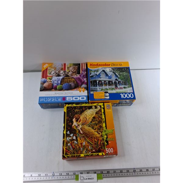 (3) Puzzles- (2) 500 Piece Puzzles, 1000 Piece Puzzle - As Is
