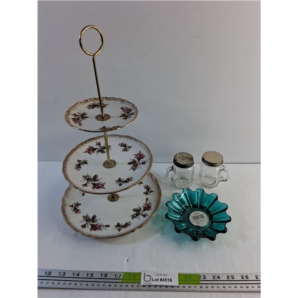 (3) Tier Ceramic Cake Stand, Turquoise Glass Dish and Salt & Pepper Shakers
