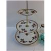 Image 2 : (3) Tier Ceramic Cake Stand, Turquoise Glass Dish and Salt & Pepper Shakers