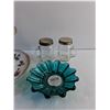Image 3 : (3) Tier Ceramic Cake Stand, Turquoise Glass Dish and Salt & Pepper Shakers
