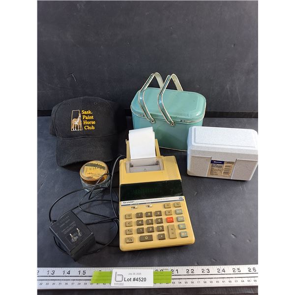 Sharp Printing Calculator- Tested, Vintage Lunch Box, Horse Club Hat and Card File