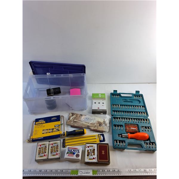Ratchet Screwdriver and Bit Set, Plating Cards, Irwin Coping Saw, Replacement Blades and Misc
