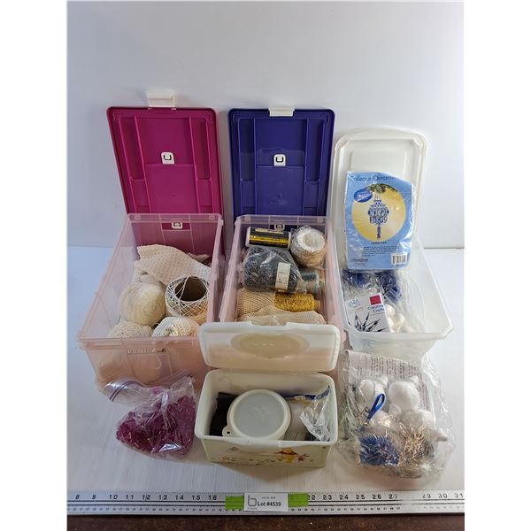 Various Collectors Ornaments, Plastic Containers with Lids and Various Crochet Cotton and String