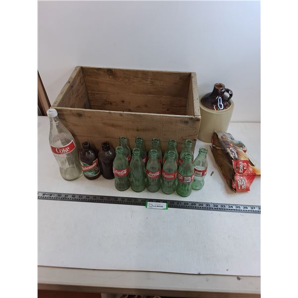 Vintage Wooden Crate, 19x12x11", Stoneware Jug, (14) Glass Bottles (Coke & Boh) -PICK UP ONLY
