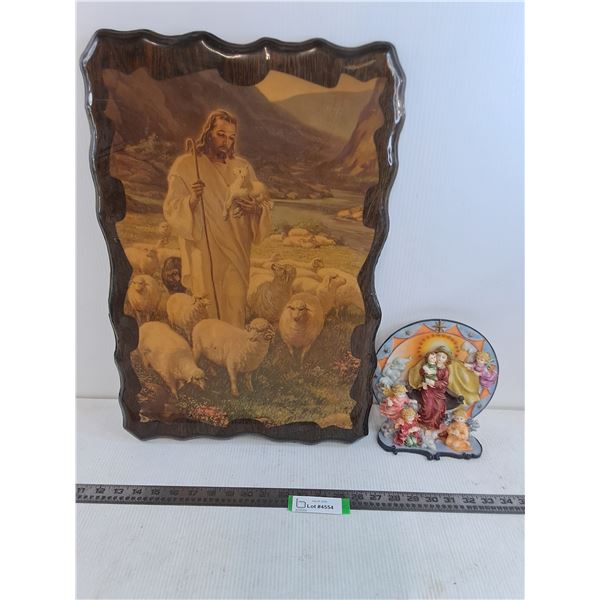 Wood Slab Religious Wall Art - 15" x 22", Porcelain Table Ornament