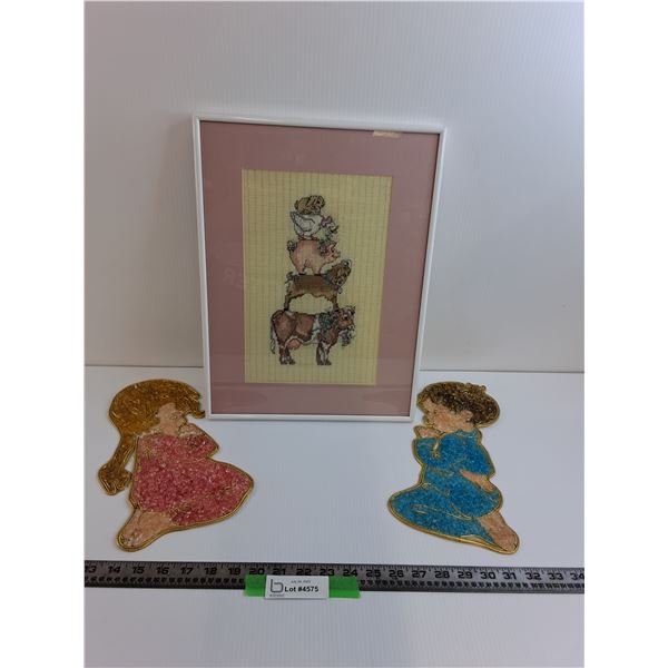 Cross-stitch Farm Animals Picture in Frame 12"x 16" & (2) Praying Children - 12"Tall