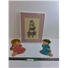 Image 1 : Cross-stitch Farm Animals Picture in Frame 12"x 16" & (2) Praying Children - 12"Tall