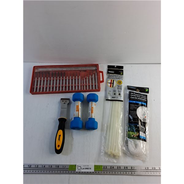 Zip Ties, All Purpose Rope, (2) 2 lbs Dumbbells, Precision Wrenches and Titan Scraper