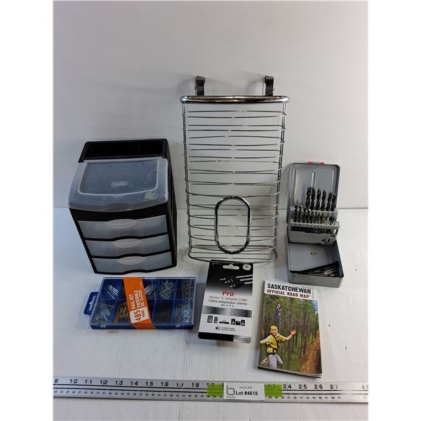 Sterlite 3 Drawer Tower 8" x 7" x 8", Nail Kit, Y Adapter Cable, Drill Bits, SK Road Map, Misc