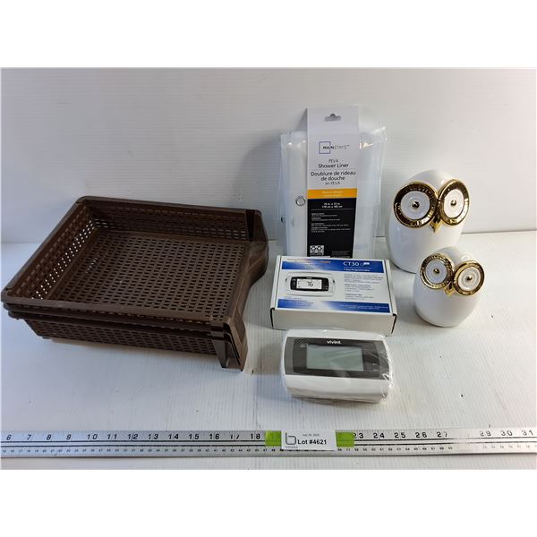 Shower Liner, Vivint Radio Thermostat, Ceramic Owl Decor and Plastic Document Trays