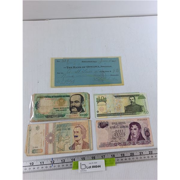 Vintage Check, Romanian, Peru, Argentinian, Misc Banknotes - As Is CANNOT AUTHENTICATE