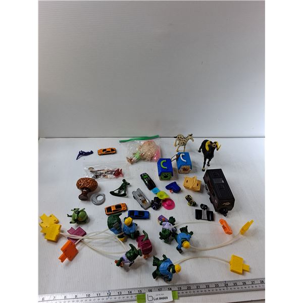 Assorted Toys - (2) Animal Crates, Doll, (6) The Dinosaurs Toys, Misc