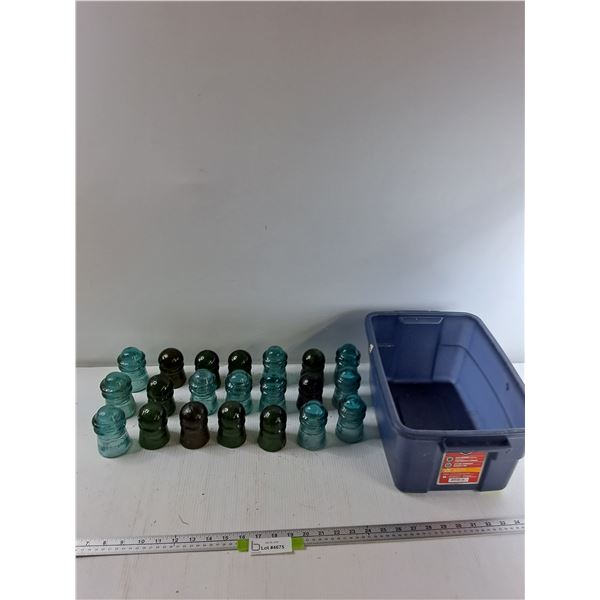 (21) Glass Telephone Insulators, 3 Gallon Rubbermaid Tote  - As Is -  PICK UP ONLY