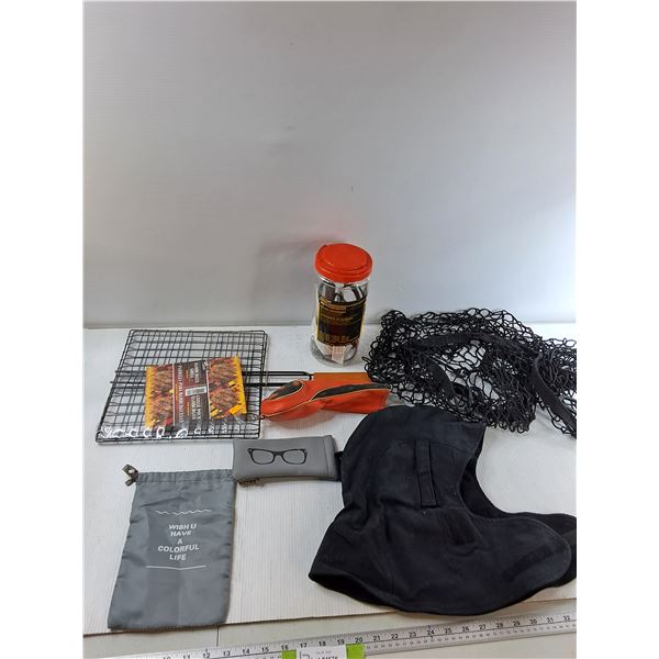 Hamburger Grill Handheld, Assorted Bungee Cords, Truck Bed Net, Misc