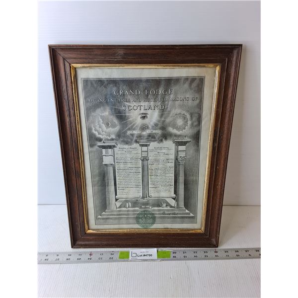 Grand Lodge Free Masons of Scotland Framed Document 18.25" x 14.25"