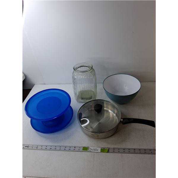 Stainless Steel Pan with Lid, (2) Mixing Bowls, Cake Display Stand, Glass Jar