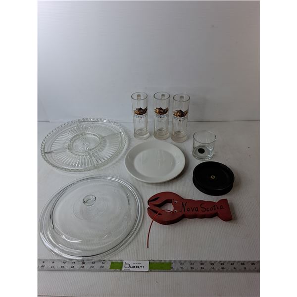(3) Beer Steins, Glass Tray, Wooden Lobster Decoration, Misc.