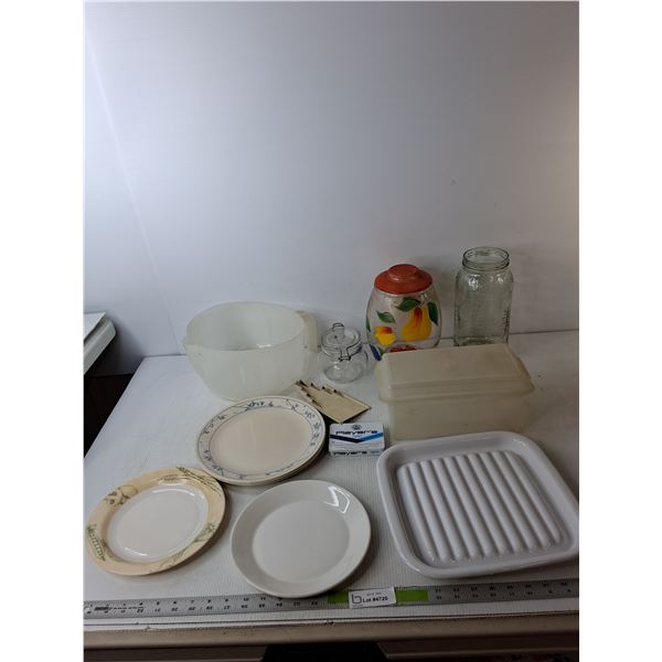 (2) Glass Jars Up to 10" Tall, Player's Tin, (6) Plates, Misc.