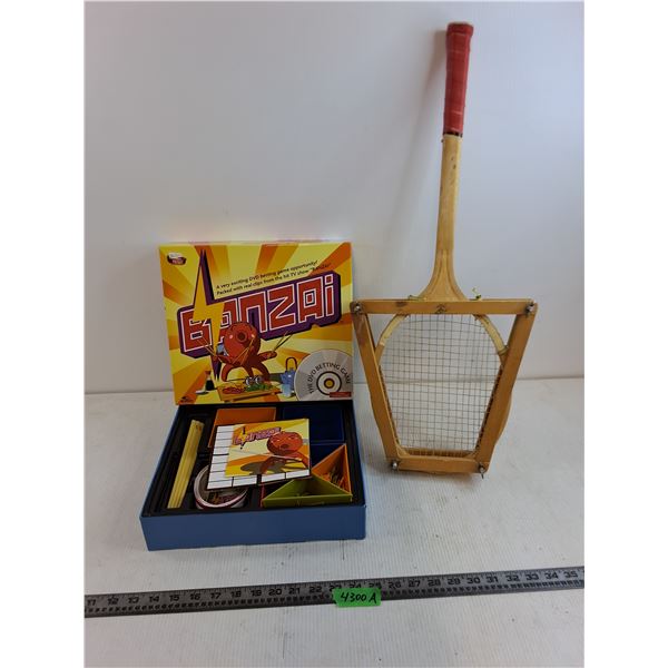 Banzai DVD Betting Game - DVD Missing, Vintage Wooden Tennis Raquet with Storage Frame