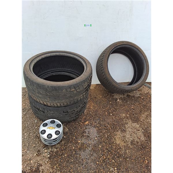 ** (3) Rovelo Tires - 255/35ZR19 96YXL, (4) Chevrolet Rim Center Caps - As is - Pickup Only