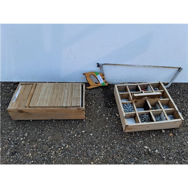 **Handsaw, Bucket of Assorted Nuts and Bolts, and Drawer of Tiles, Cannot Ship