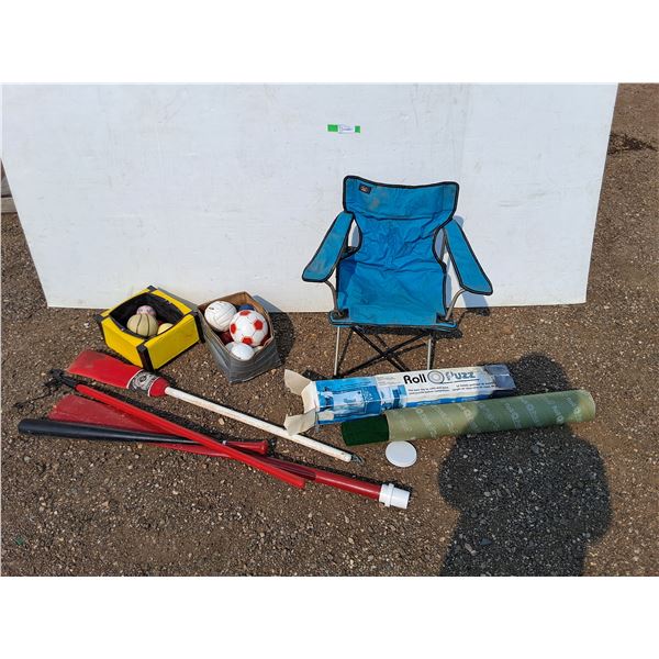 ** Outdoor Folding Chair 17" x 25", Rollo Puzz, Baseball Bat, Various Game Balls, Paddle and Misc Ca